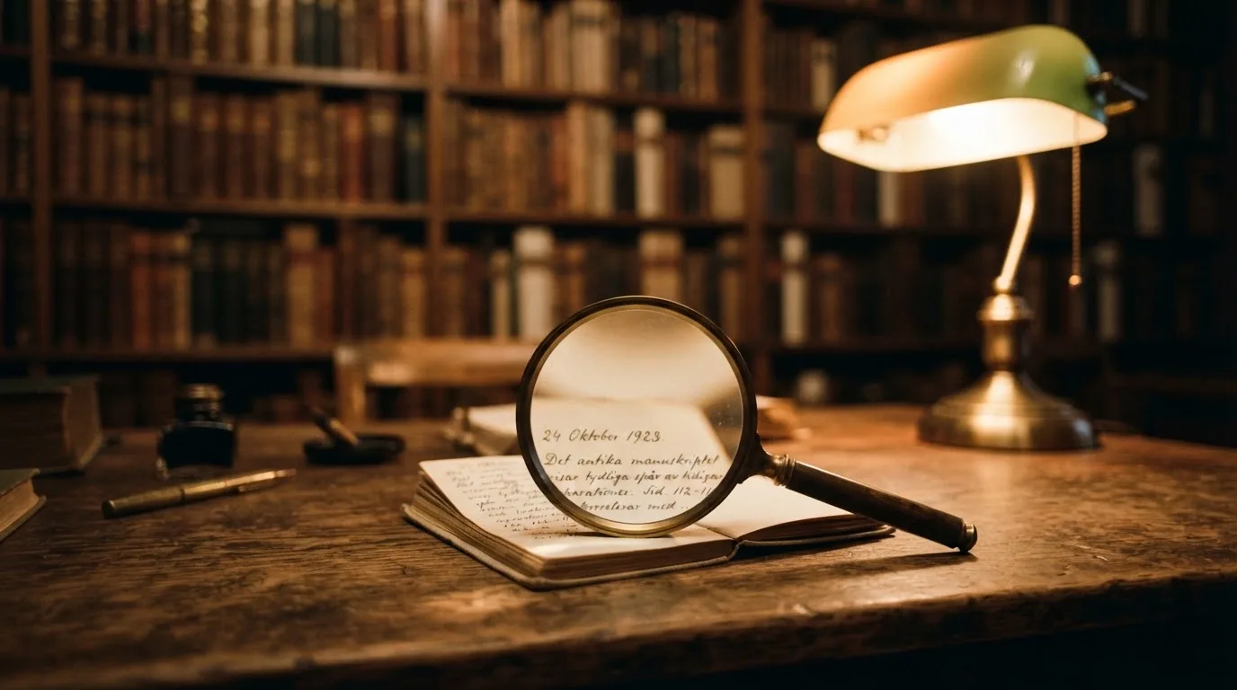 Ett förstoringsglas vilar på ett träbord bredvid en tänd skrivbordslampa i ett tyst bibliotek sent på kvällen.