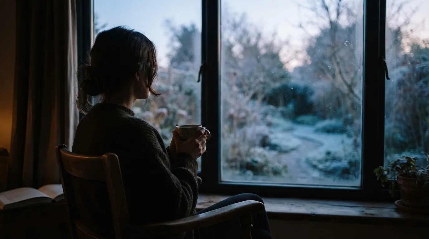 En person sitter ensam vid ett fönster i skymningen och håller en tekopp, med en rofylld vinterträdgård synlig utanför glaset.